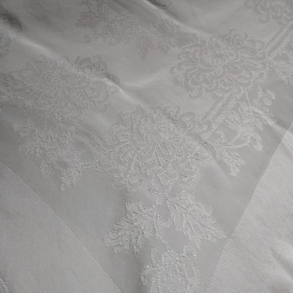 Vintage White Silky Table Cloth Floral Embossed 5' x 4'